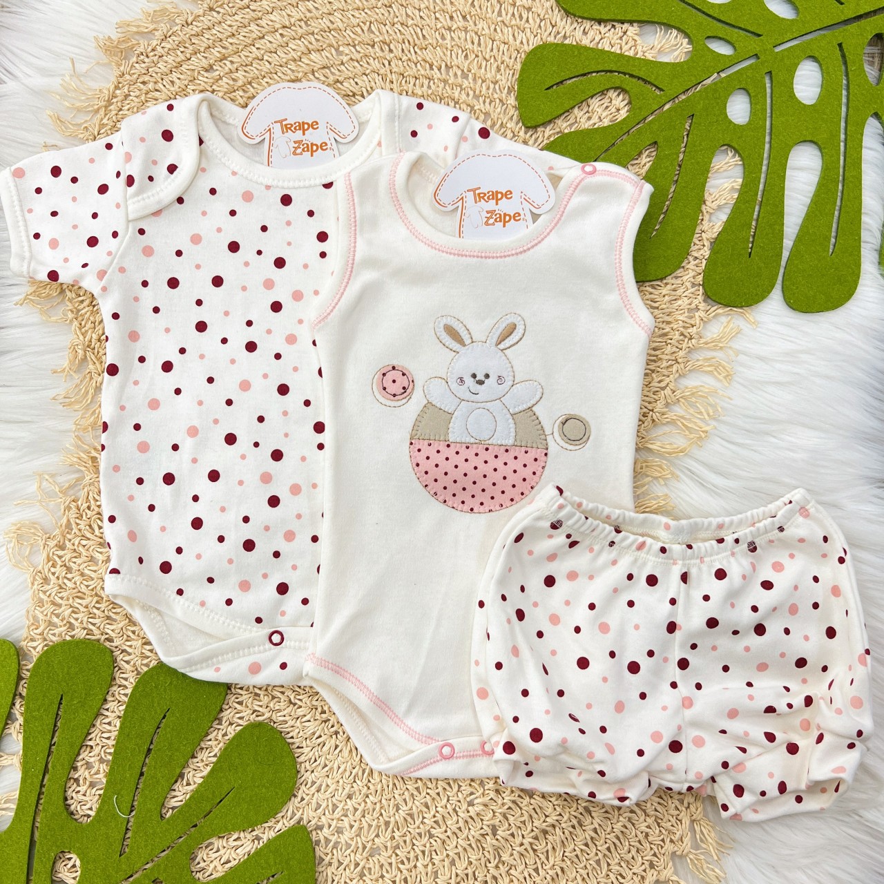 CONJ. DE MALHA 3 PEÇAS - Confete Coelhinha  - Off White e Rose